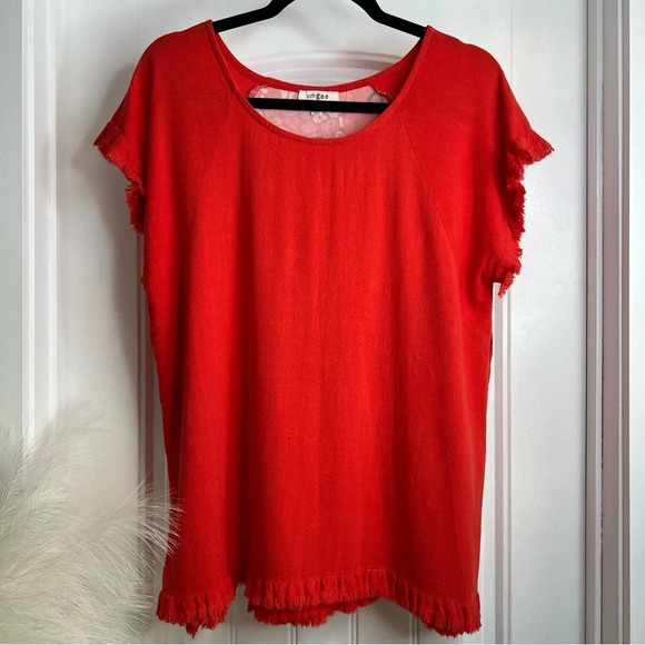 Umgee Vibrant Orange Printed Back Ragged Hem & Sleeves Blouse. Size Small. - Picture 5 of 11